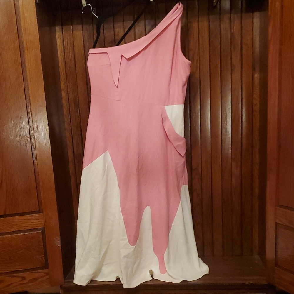 FASHION BRAND COMPANY SIZE 1X LINEN Pink and White One-Shoulder Dress